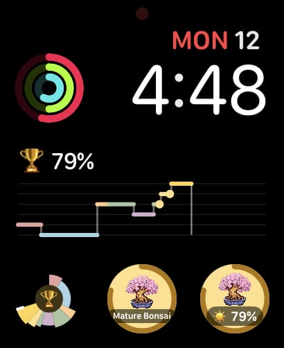 Apple Watch の Modular 文字盤。ベスティの一日のグラフと、円形の WatchieBesti コンプリケーションが2つ