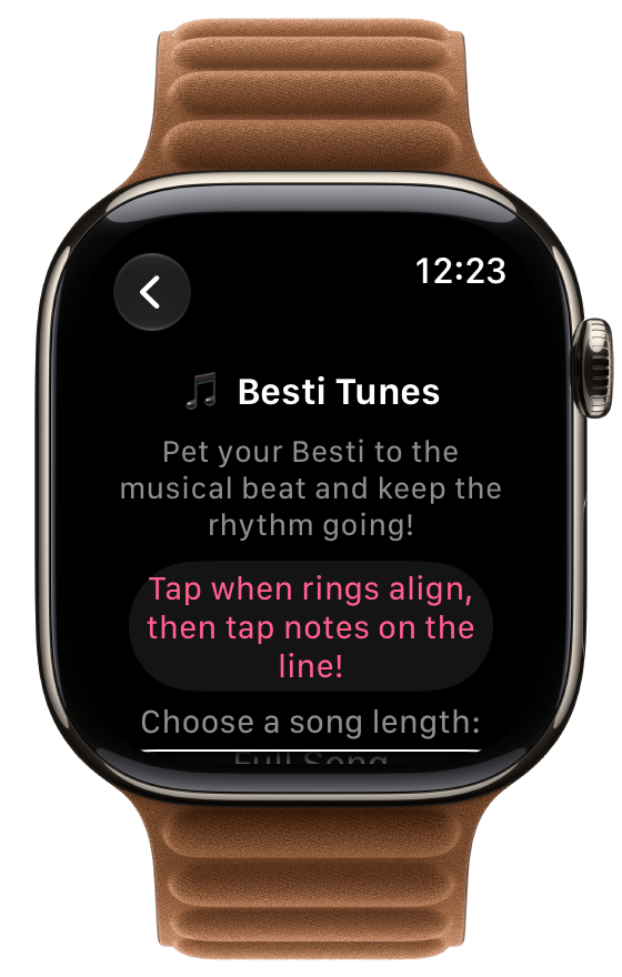 หน้าเริ่มต้นของ Besti Tunes บน Apple Watch พร้อมตัวเลือกความยาวเพลงด้านล่าง