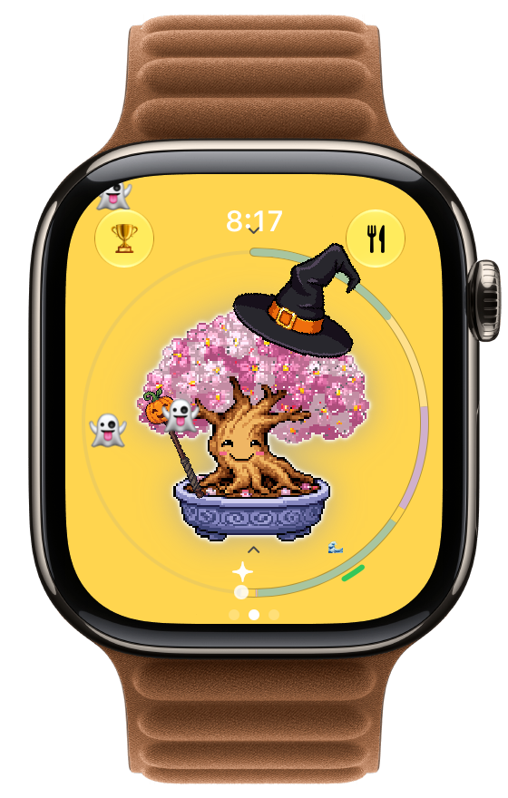 Bonsai: Witch Hat, Pumpkin Wand and Spooky Drift together on Apple Watch