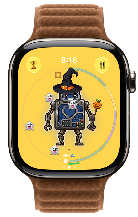 Robot: Witch Hat, Pumpkin Wand and Spooky Drift together on Apple Watch