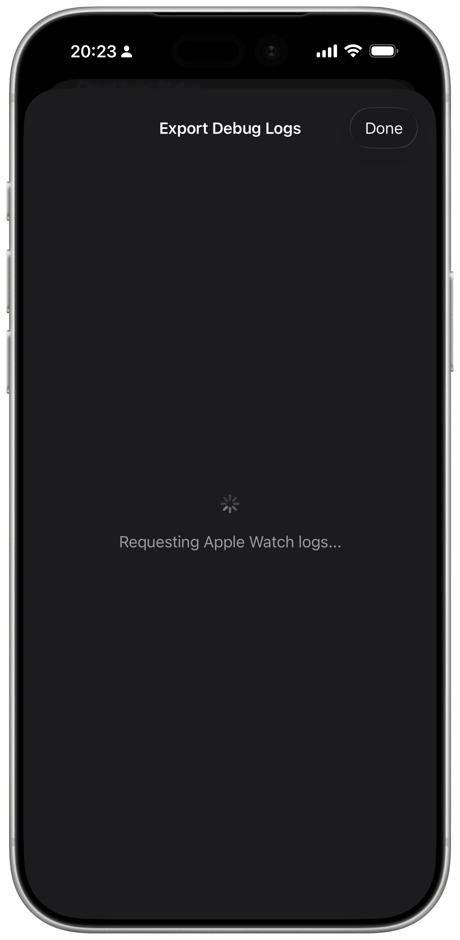 Schermata di export WatchieBesti che richiede i log di Apple Watch