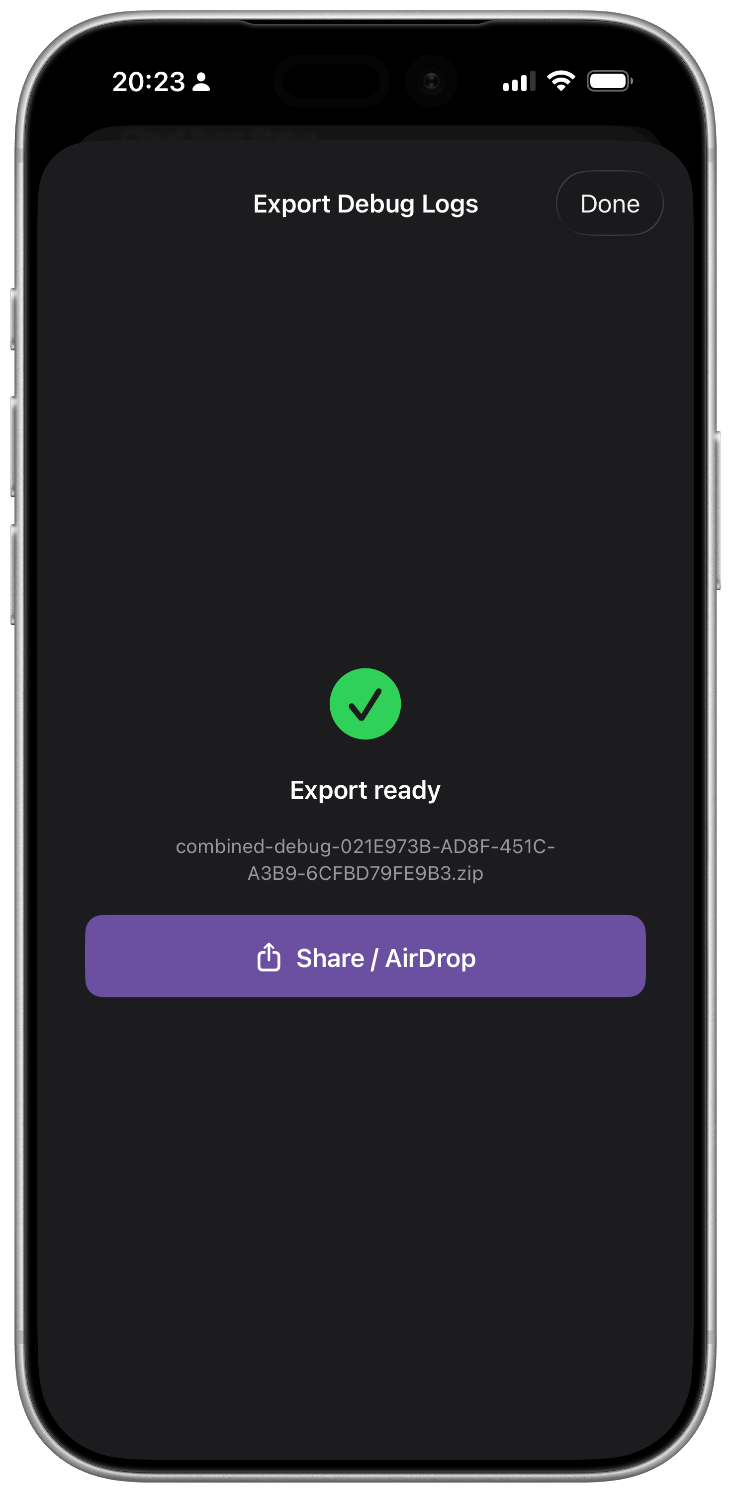 Schermata export di WatchieBesti con zip di debug combinato pronto per la condivisione