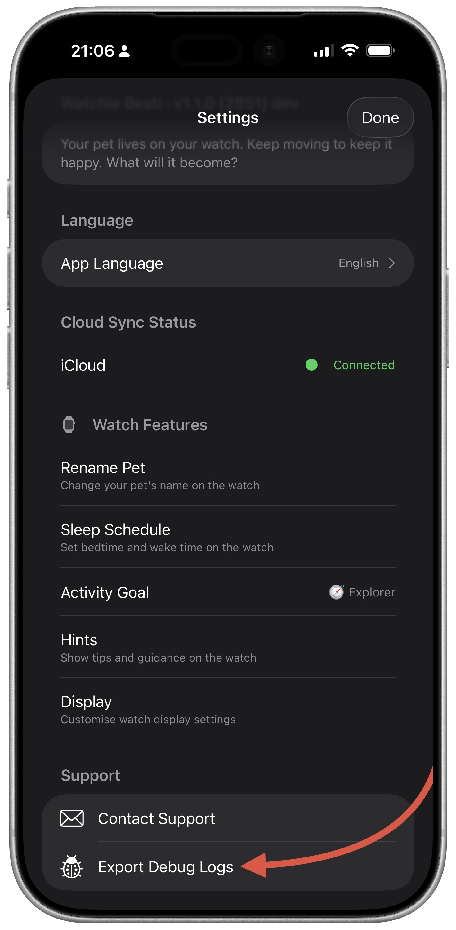 Schermata impostazioni iPhone di WatchieBesti con il pulsante “Esporta log di debug”