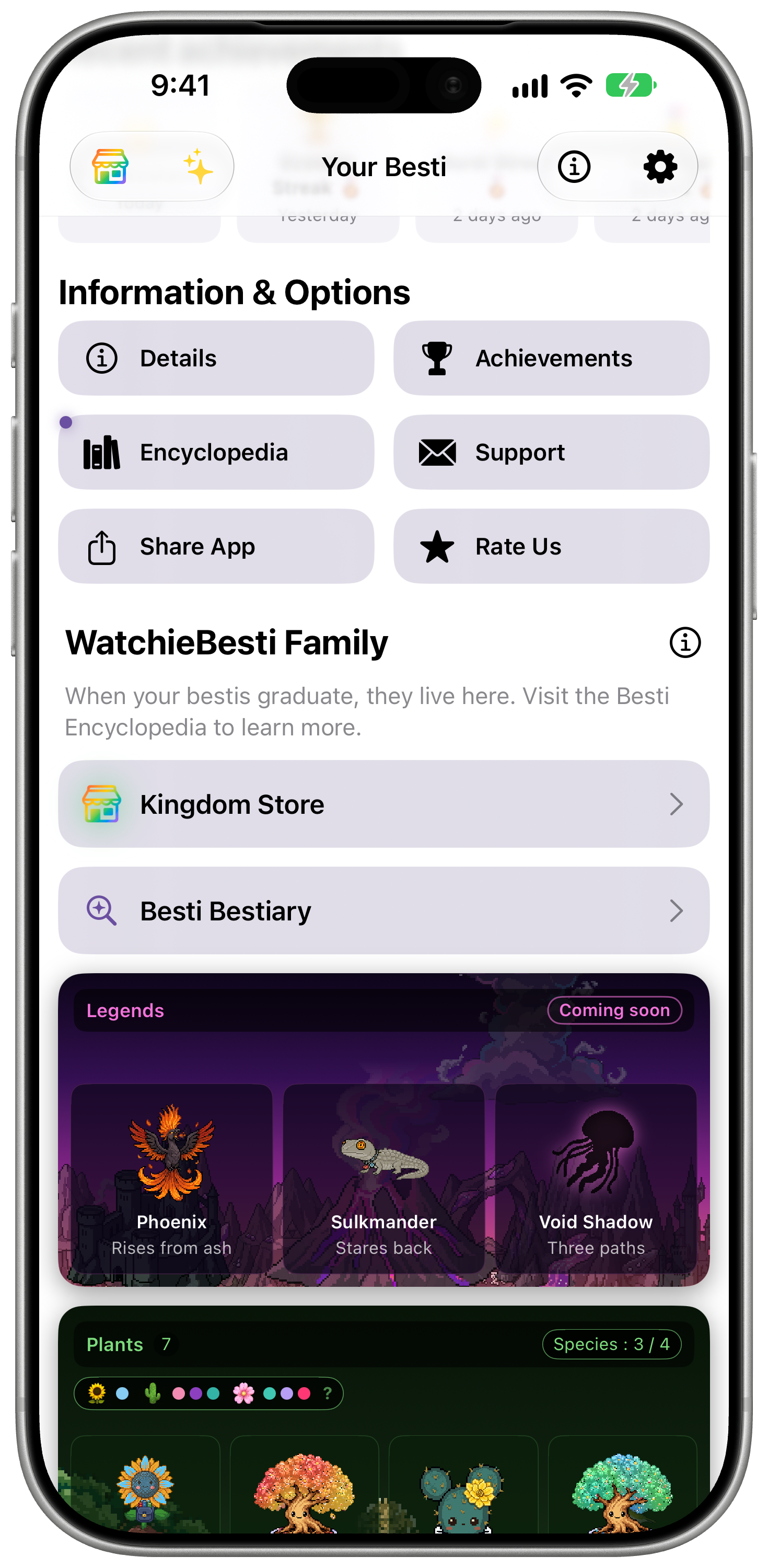 iPhone 上的 WatchieBesti：WatchieBesti 家庭，以及王國商店和貝斯蒂圖鑑按鈕