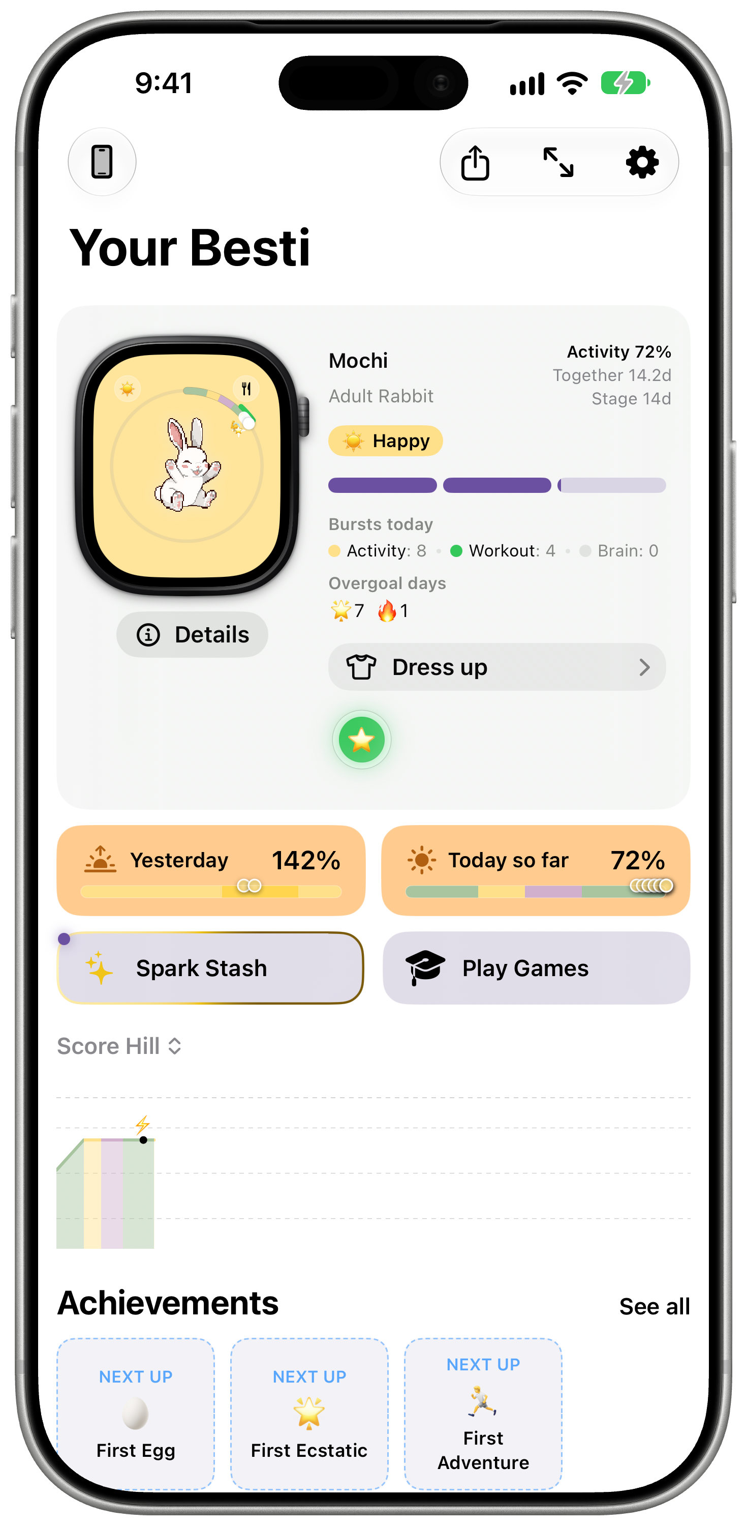 iPhone 上的 besti：住在小小手錶裡的寵物、牠的心情、裝扮、Sparks 倉庫和玩遊戲
