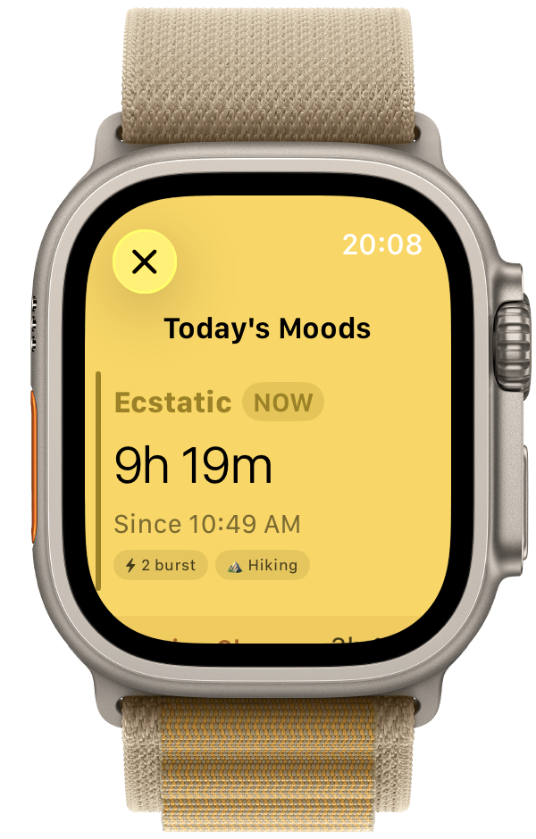 Apple Watch 上的「今日心情」详情，当前片段为 Ecstatic