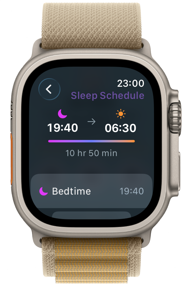 Apple Watch 显示睡眠计划：就寝 19:40，起床 06:30