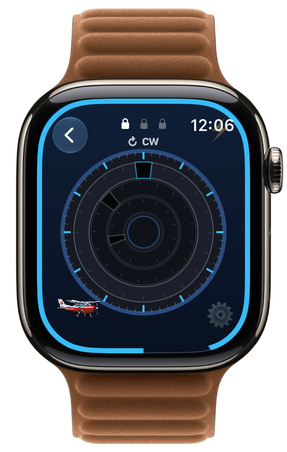 Apple Watch 上的 Treasure Tumbler，最外圈鎖環順時針轉動，三個鎖釦都還鎖著