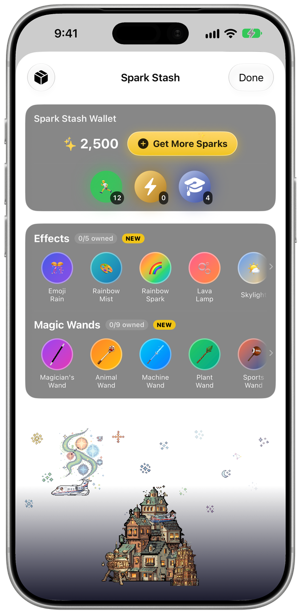 WatchieBesti Spark Stash on iPhone with the Sparks wallet, world effects and magic wands
