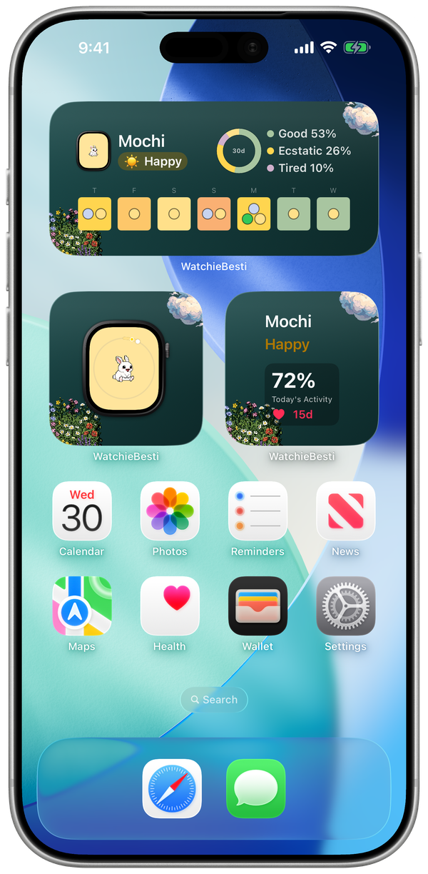 WatchieBesti widgets on the iPhone Home Screen showing your pet and today's activity