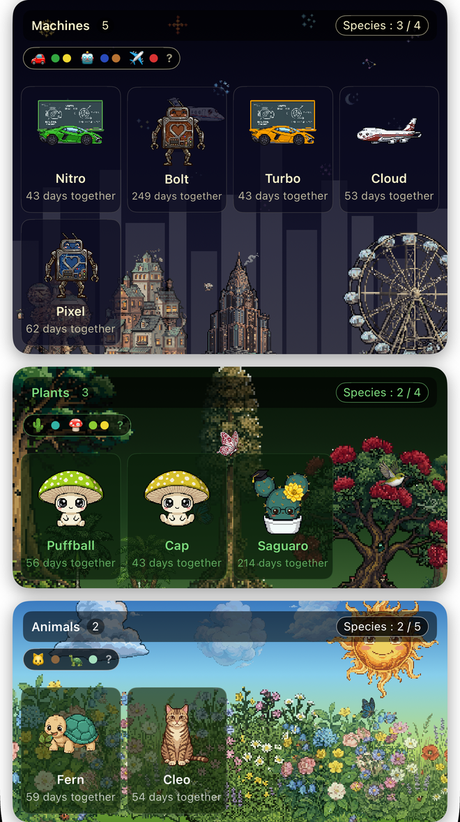Graduated pets in their three kingdom habitats in the family collection