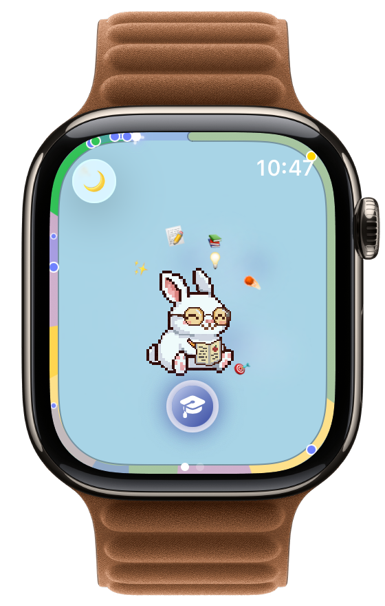 Apple Watch showing Brain Burst — pet becomes a glowing star student