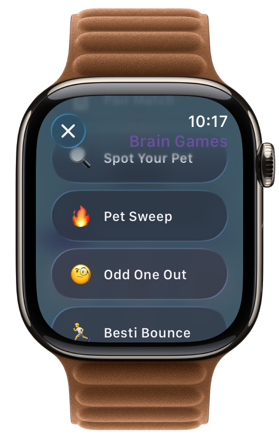 Apple Watch showing the Brain Boost mini-games menu